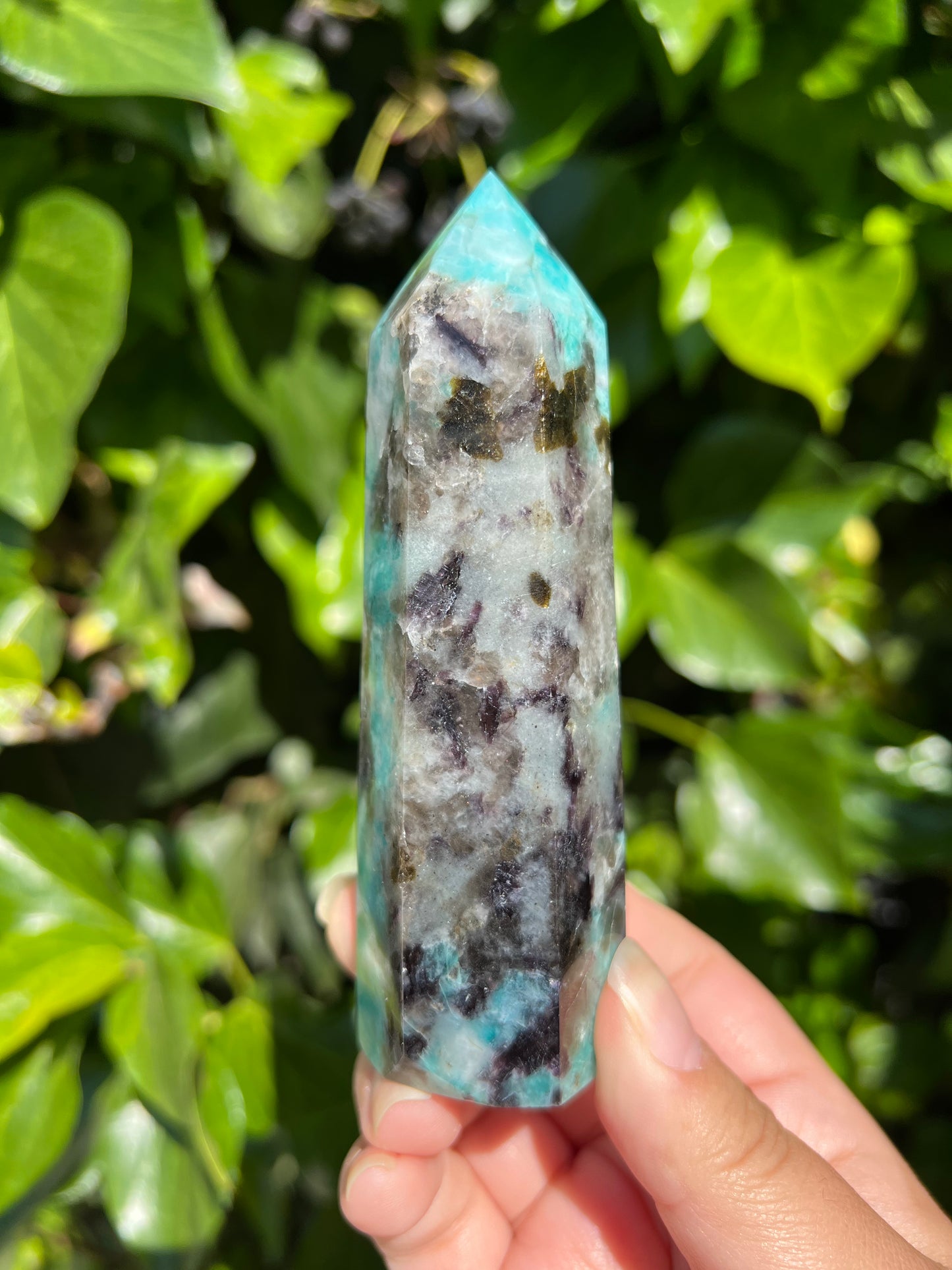 
                  
                    Amazonite Tower with Smoky Quartz and Lepidolite
                  
                