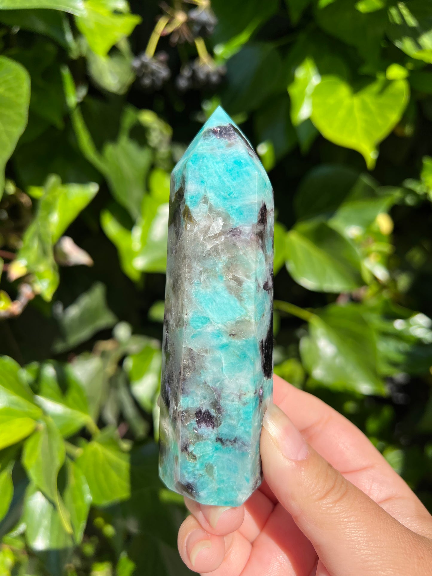 
                  
                    Amazonite Tower with Smoky Quartz and Lepidolite
                  
                